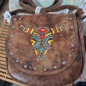 NWT Leather Montana West Colorful Steer Studs Western Boho Crossbody Bag